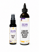 Load image into Gallery viewer, Two Jilyn Skincare bottles on a white background: a smaller Face Oil pump bottle and a larger Liquid African Black Soap dropper bottle.
