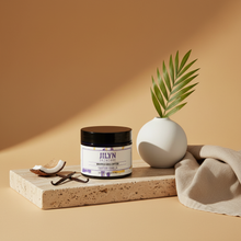 Load image into Gallery viewer, Tahitian Vanilla Whipped Shea Butter styled on stone tray with linen and vanilla botanicals by Jilyn Skincare
