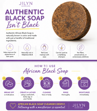 Load image into Gallery viewer, JILYN Skincare African Black Soap with usage instructions on a white background
