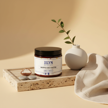 Load image into Gallery viewer, Unscented Whipped Shea Butter styled on stone tray with raw shea nut and minimal botanicals by Jilyn Skincare
