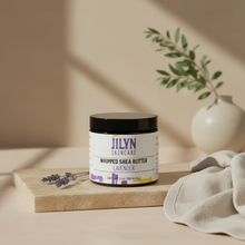 Load image into Gallery viewer, Lavender Whipped Shea Butter styled on stone tray with linen and botanicals by Jilyn Skincare
